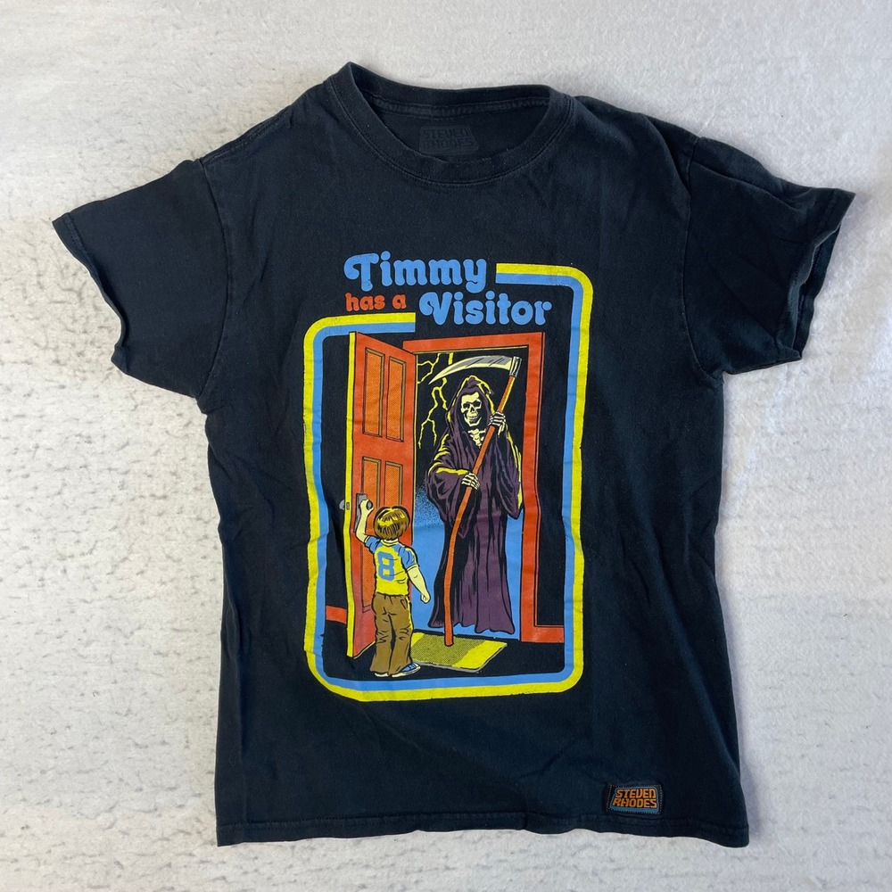 Steven Rhodes Timmy Has A Visitor T-Shirt Small Black Graphic Grim Reaper Retro